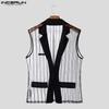 INCERUN Men Lapel Neck Sleeveless See Through Mesh Transparent Striped Blazer Tops