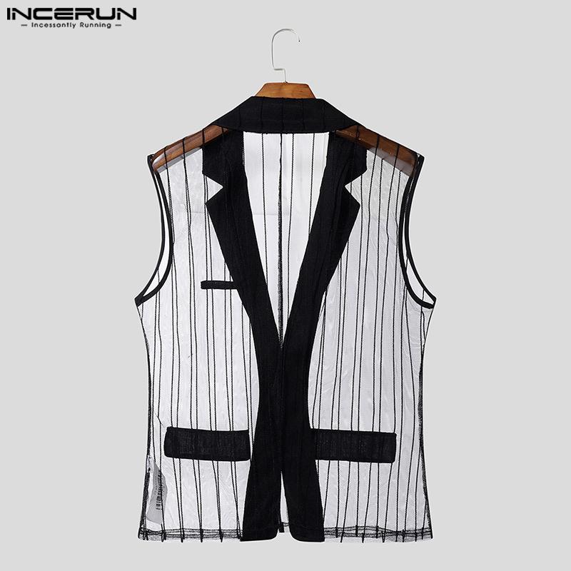 INCERUN Men Lapel Neck Sleeveless See Through Mesh Transparent Striped Blazer Tops