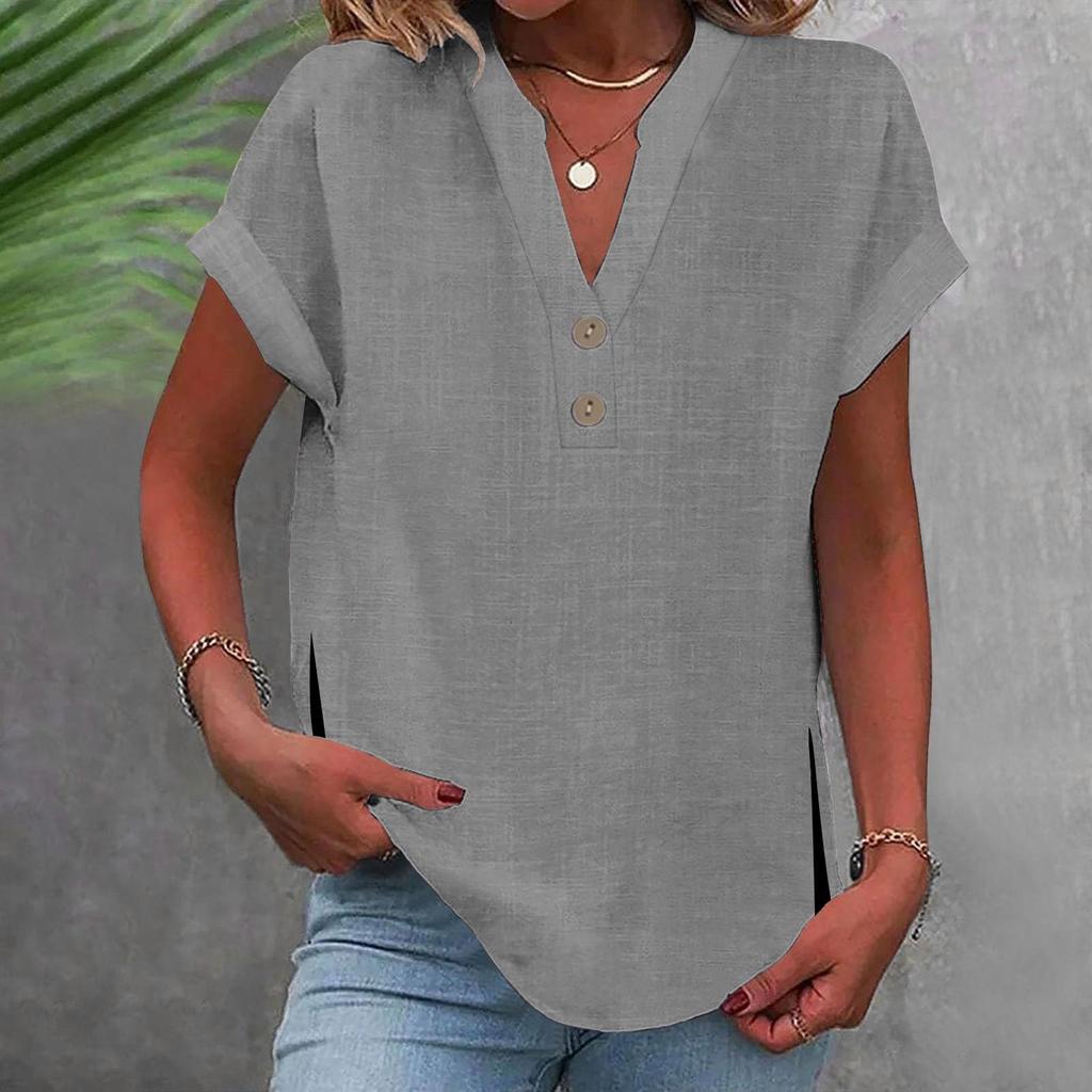 Women's Fashion Casual Solid Colour V-Neck Short Sleeve Button Split Shirt T-Shirt Top
