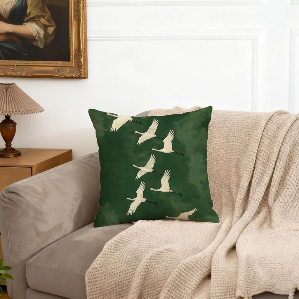 Японские Изумрудно-Зеленые Наволочки с Птицами Журавлями 18x18, Декор в Стиле Japandi, Традиционная Восточная Азиатская Минималистичная Наволочка для Подушки