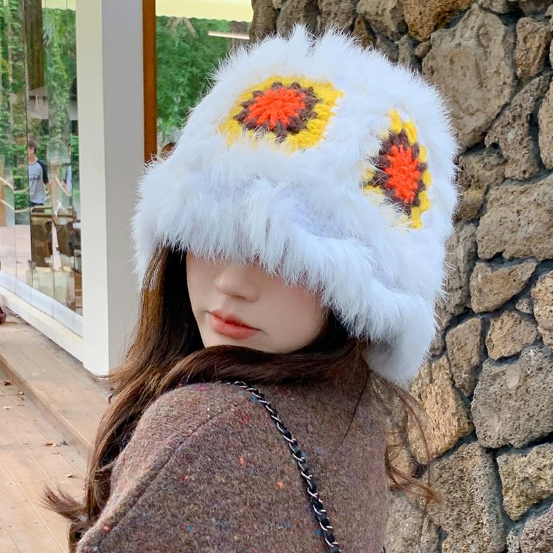 Вязаная шапка-ведро из меха кролика, женская, зима 2023, новая плюшевая утолщенная термошапка с изображением маленького лица