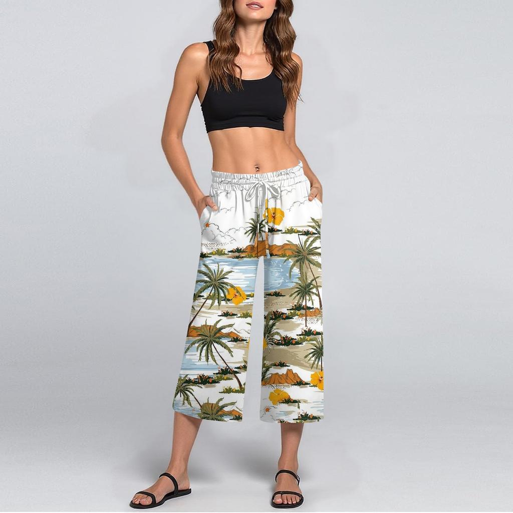 Женские летние повседневные спортивные брюки с высокой талией и принтом, укороченные брюки свободного покроя
