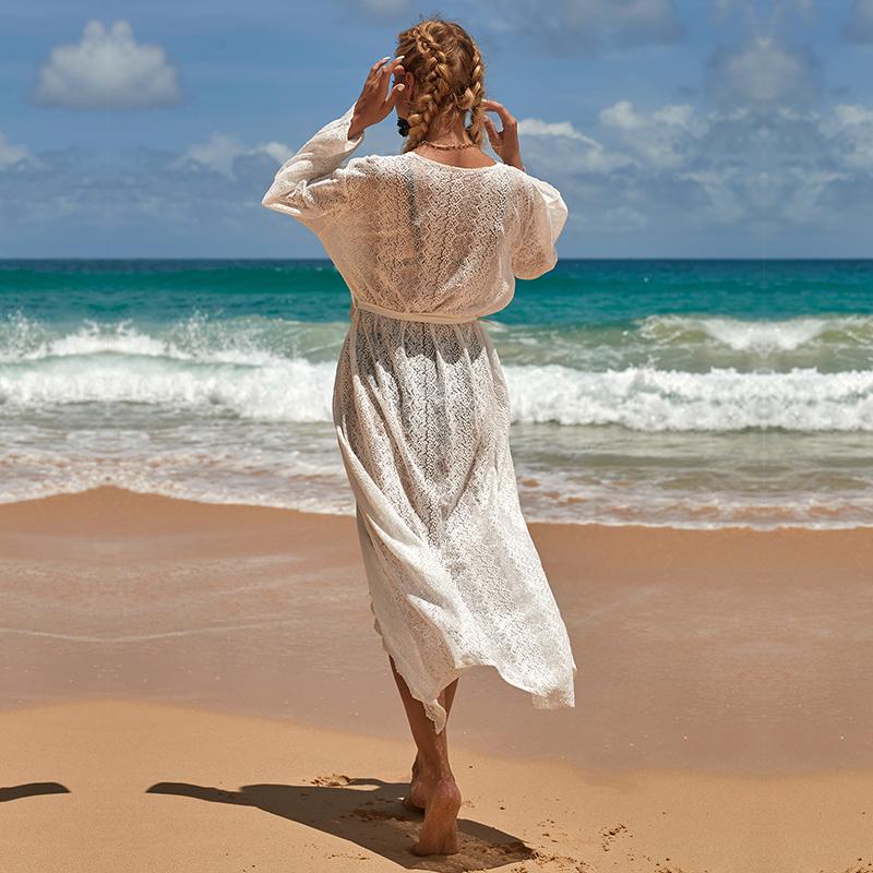 Белое кружевное сексуальное платье с открытым передом, летнее пляжное платье размера плюс, туника с высокой талией и поясом, женская пляжная одежда, длинное платье Q1301