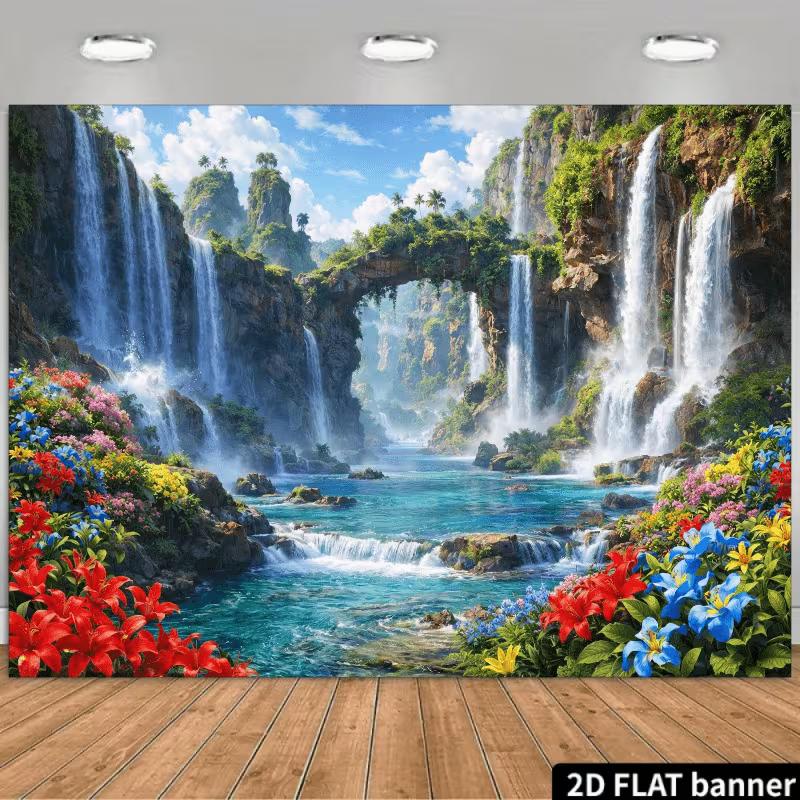 2D Exotic Waterfall Backdrop Tropical Forest River Nature Photo Booth Banner