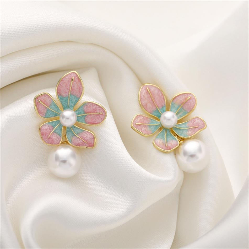 Enamel Big Flower Imitation Pearl Korean Design Drop Earrings Exaggerated Wedding Party Jewelry Accessories