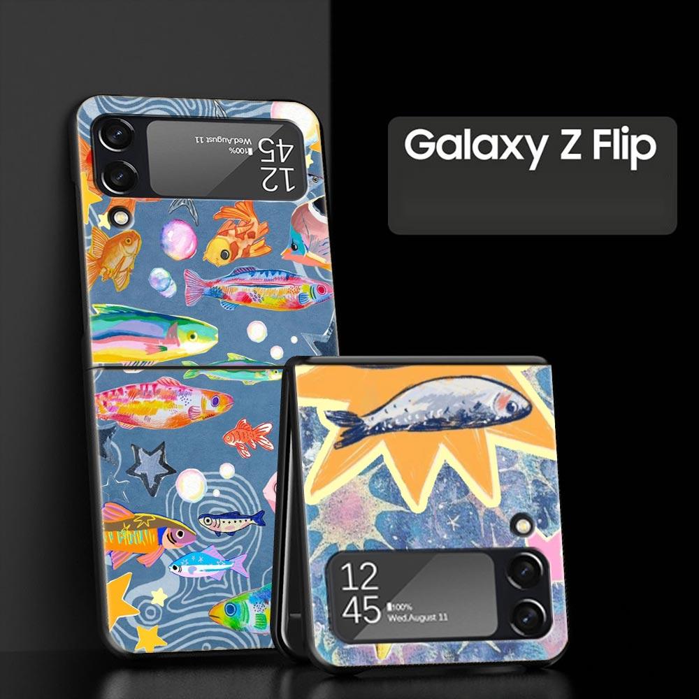 Blue Ocean Fish Hard PC Phone Case For Samsung Galaxy Z Flip 7 6 5 4 Black Cover For Galaxy Z Flip 3 Foldable Fundas Shell Capas