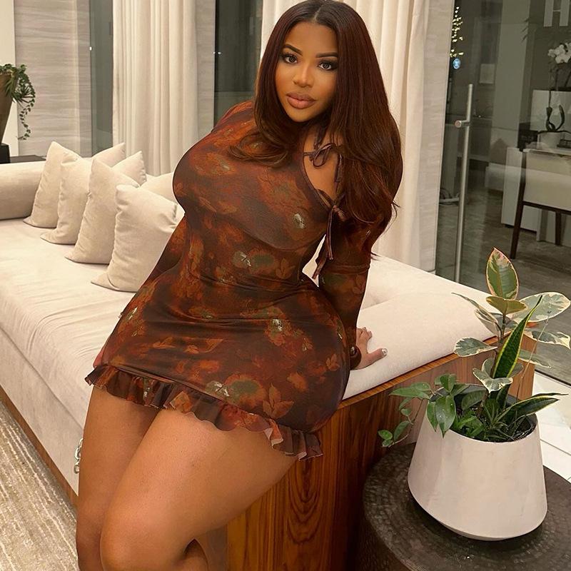 Модное женское платье с принтом в европейском и американском стиле, короткая юбка в стиле ретро с длинными рукавами и круглым вырезом, юбка со шнуровкой и запахом на бедрах для женщин