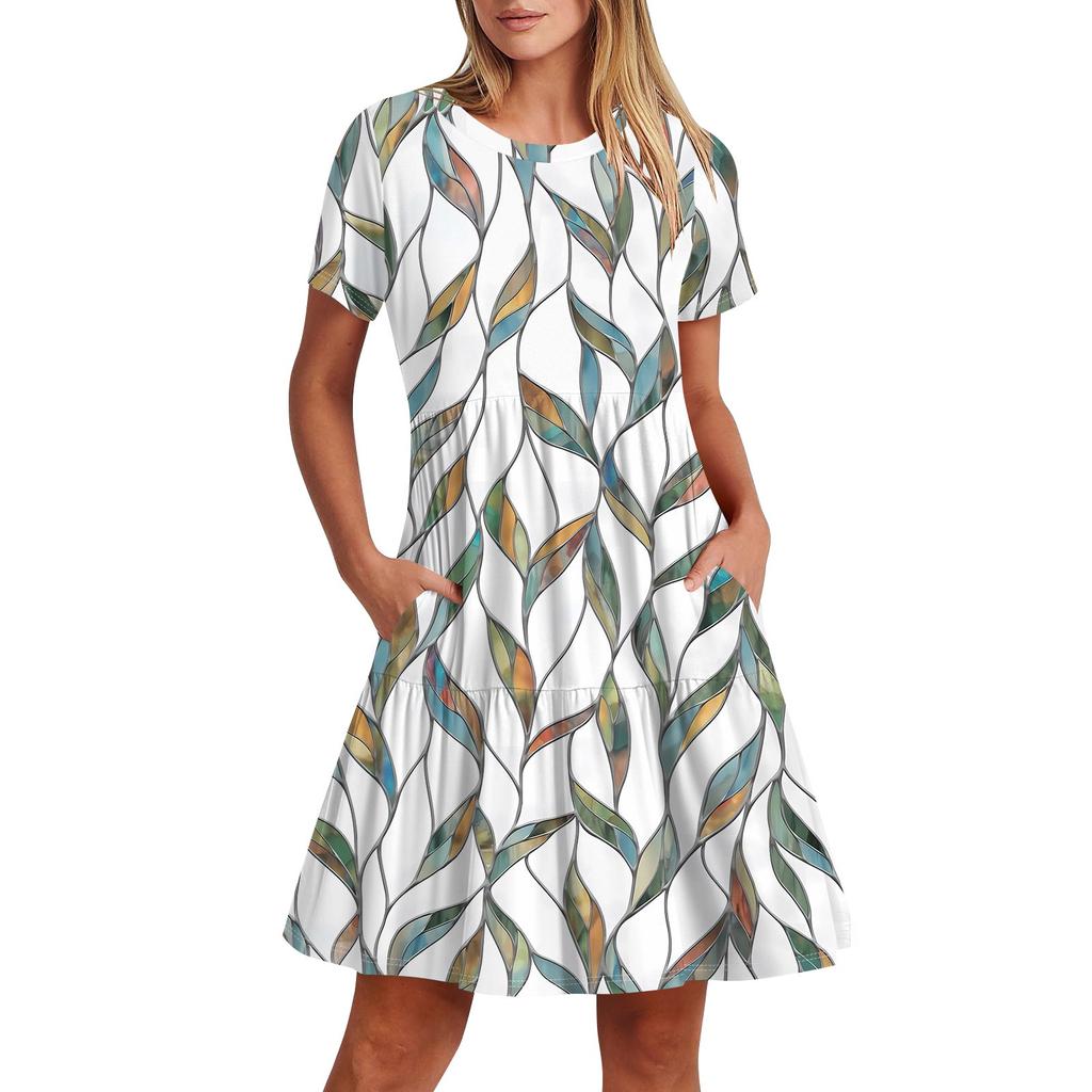 Женское повседневное модное платье-миди с круглым вырезом и коротким рукавом с принтом и карманом
