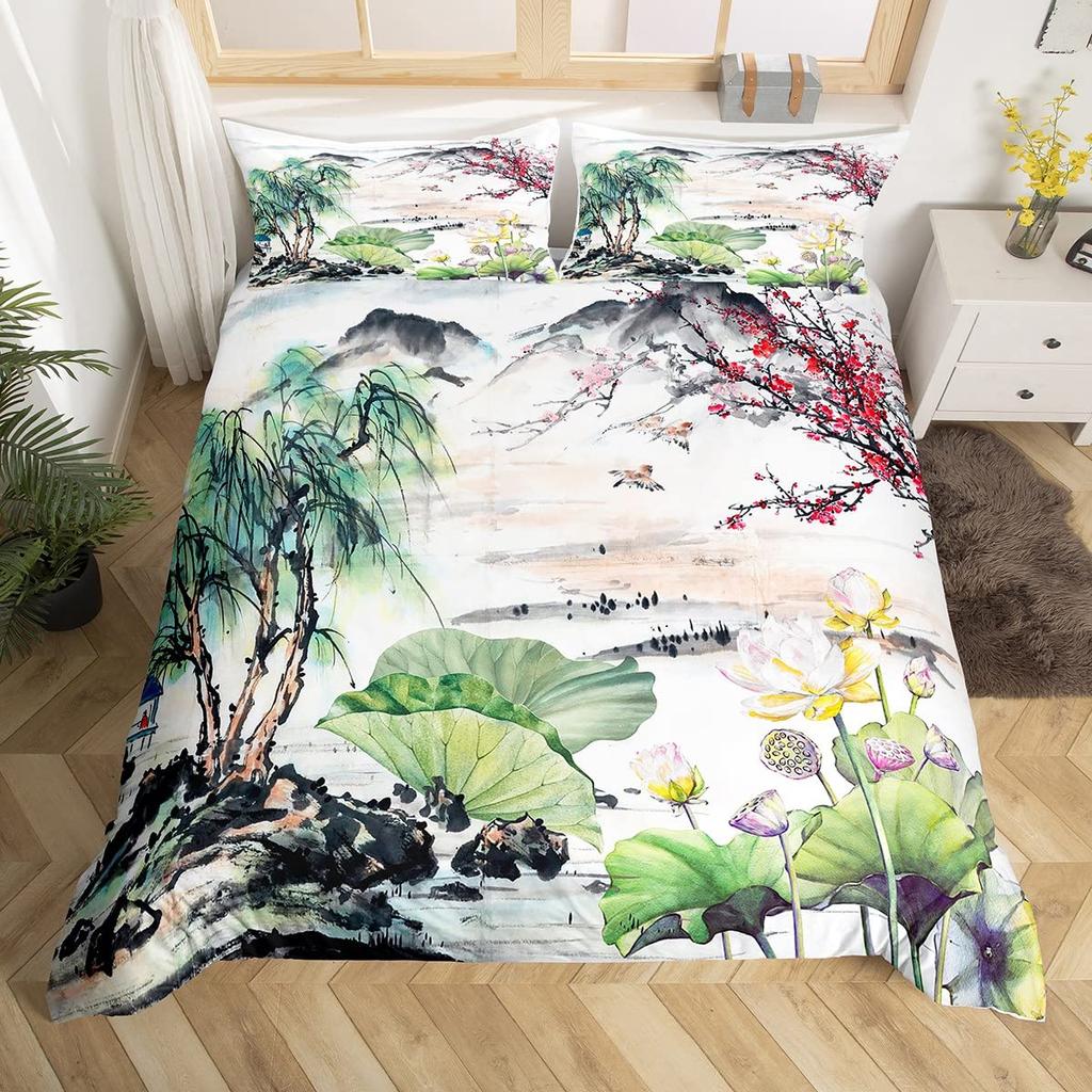 Crane Bedding Set Girl Cherry Blooming Fuji Mountain Sun Duvet Cover Kids Women Lotus Floral Comforter Cover Watercolor Decor