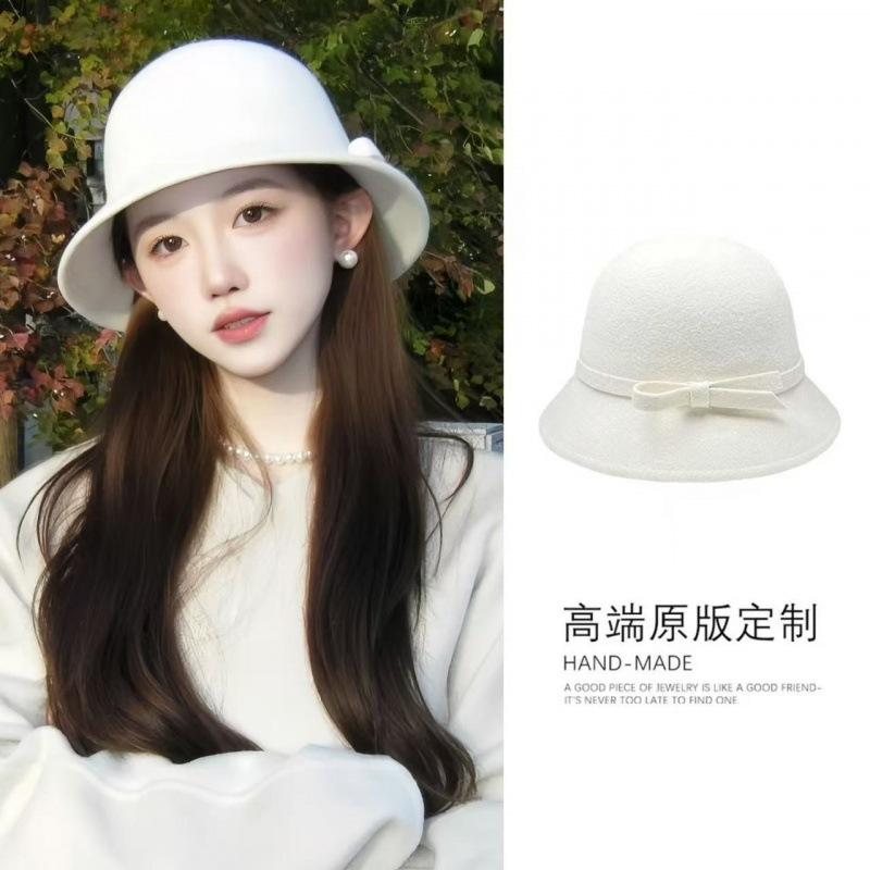 French retro small fragrant white top hat female Hepburn style celebrity hat autumn and winter elegant bucket hat basin hat