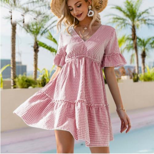 GMXIA Женские модные летние весенние однотонные повседневные платья с v-образным вырезом и короткими рукавами и высокой талией