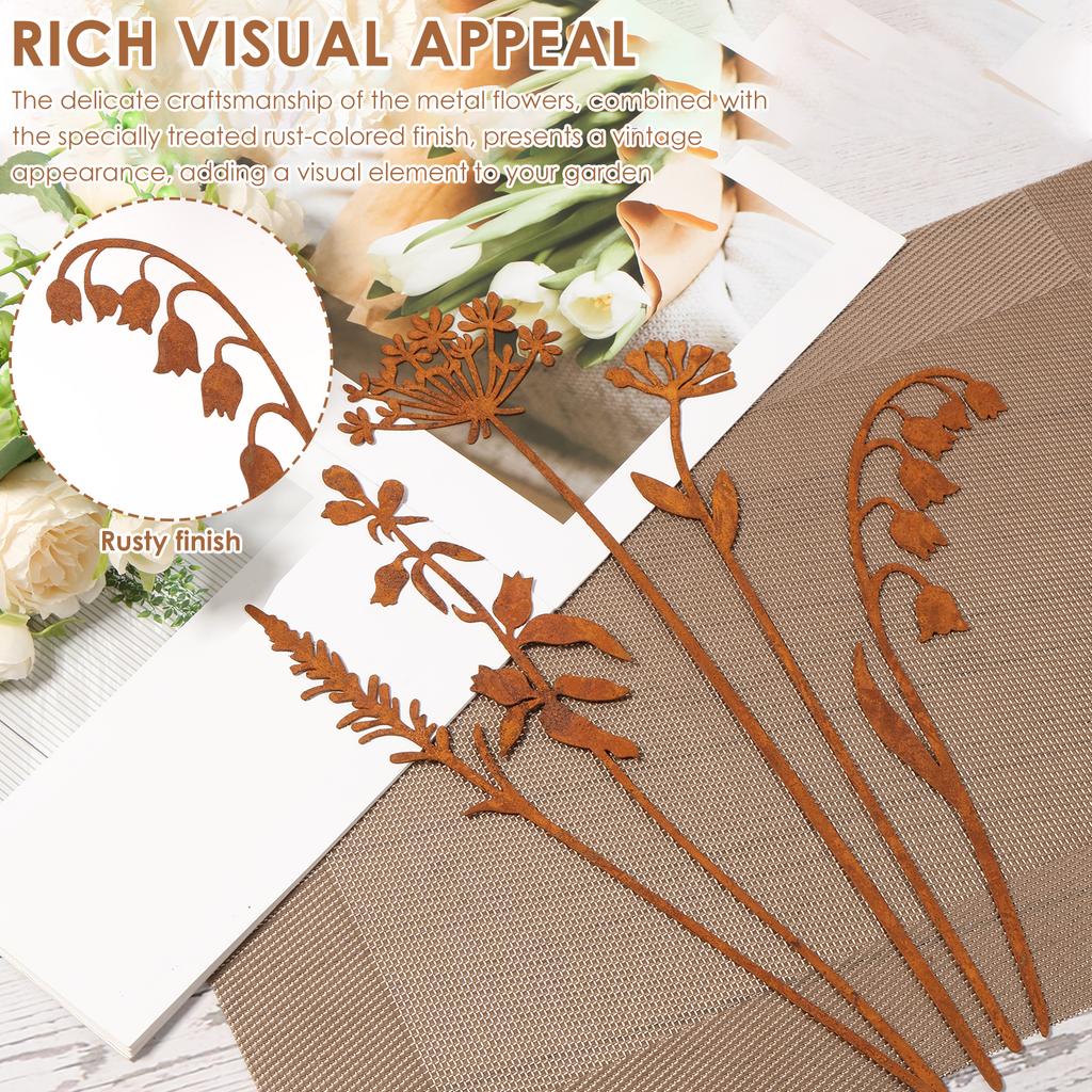 5Pcs Simulated Plants Metal Garden Stake Lawn Ornament Statues Vintage Iron Art Crafts Courtyard Garden Lawn Stake Decorations