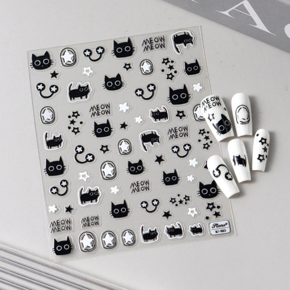 Kawaii Little Black Cat Nail Stickers Cartoon Cute Cat Stars Letters Nail Sliders Y2K Korean Japanese Nail Art Manicure Decors