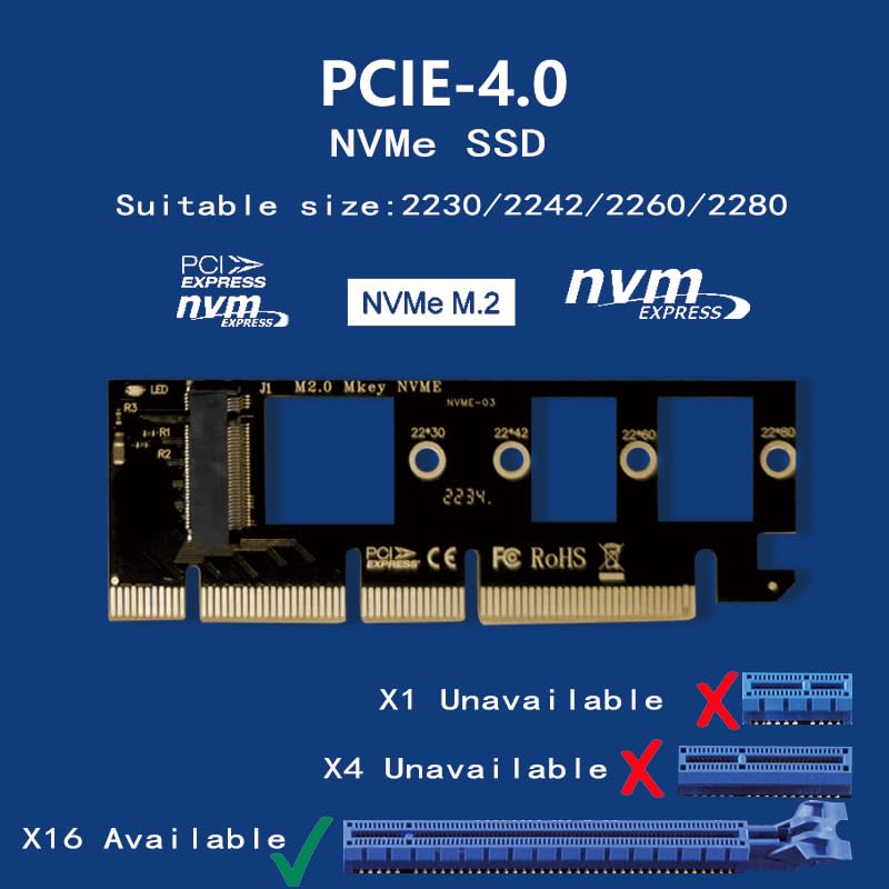 WLGQ Карта расширения M.2 NVMe SSD, Адаптер-конвертер PCIe X16, Алюминиевый радиатор и Термосиликоновая система охлаждения, Встроенное подпружиненное крепление