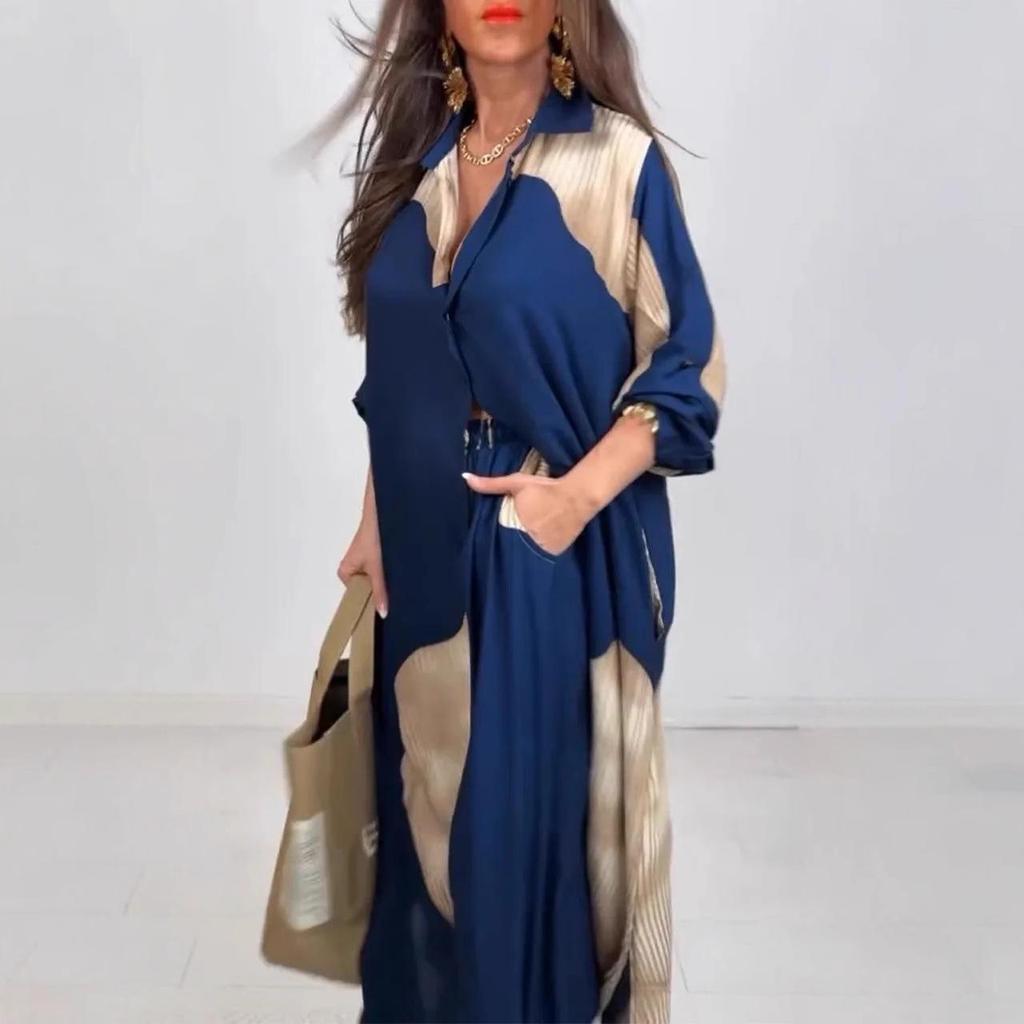 Женский комплект из длинной рубашки свободного кроя и брюк широкого кроя, повседневный костюм-двойка, бежевый с серым узором