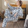 Women's Plaid Cardigan Pajama Set - Long-Sleeved, Trousers, Casual Style for Spring & Autumn.