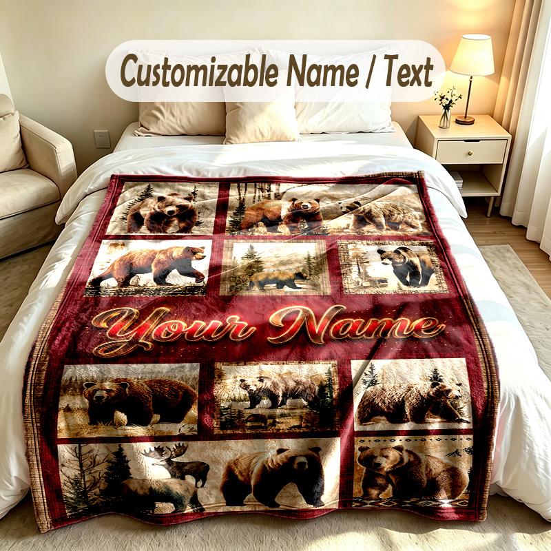 Bear Panda Theme Soft Blanket Personalized Custom Name Text Print Warm Blanket Home Sofa Bedroom Decor