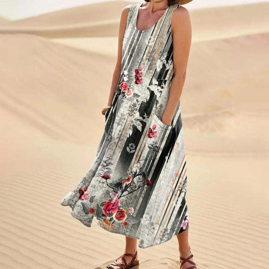 Women's Fashion Casual Solid Colour Sleeveless Cotton Linen Pocket Dress