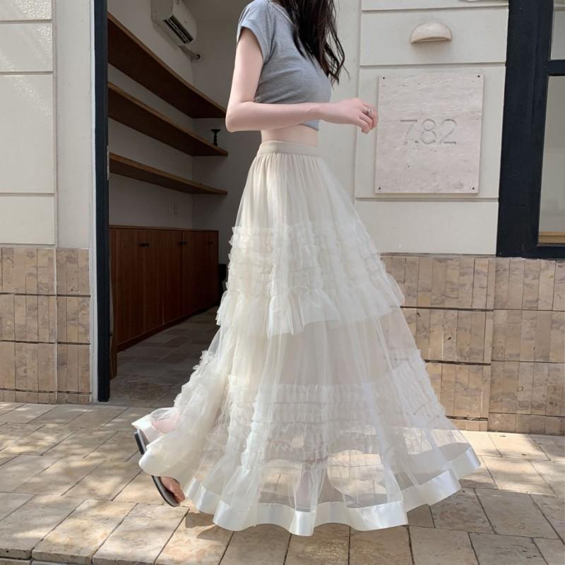 Womens High Waist A-Line Mesh Cake Skirt Slim Fit Sweet Fresh Style Mid-Length