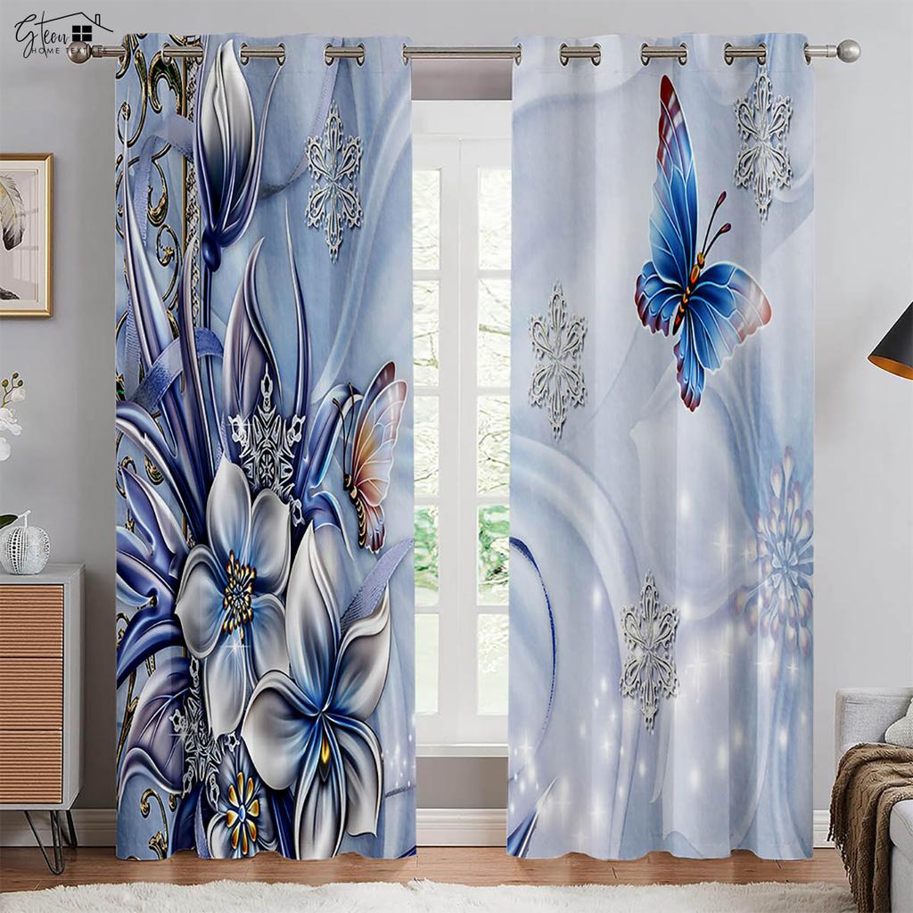 Retro Pastoral Butterfly Flower 3D Printing Curtains Beautiful And Fresh Bedroom Living Room Study Polyester Fiber Curtains 2PCS