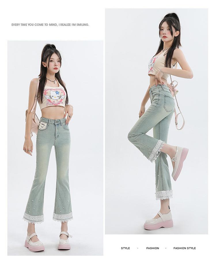 Ge Dijie Women's Petite Lace Trimmed Elastic Nine Quarter Denim Pants