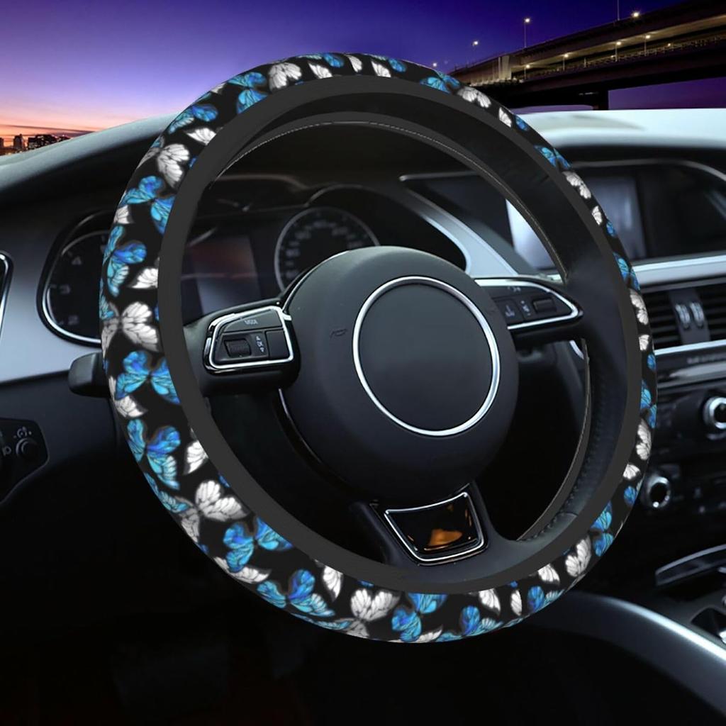 Pink Black Leopard Cheetah Print Steering Wheel Cover, Cute Anti-Slip Breathable Car Accessories Interior Elastic Steering Wheel Cover for Women Fit