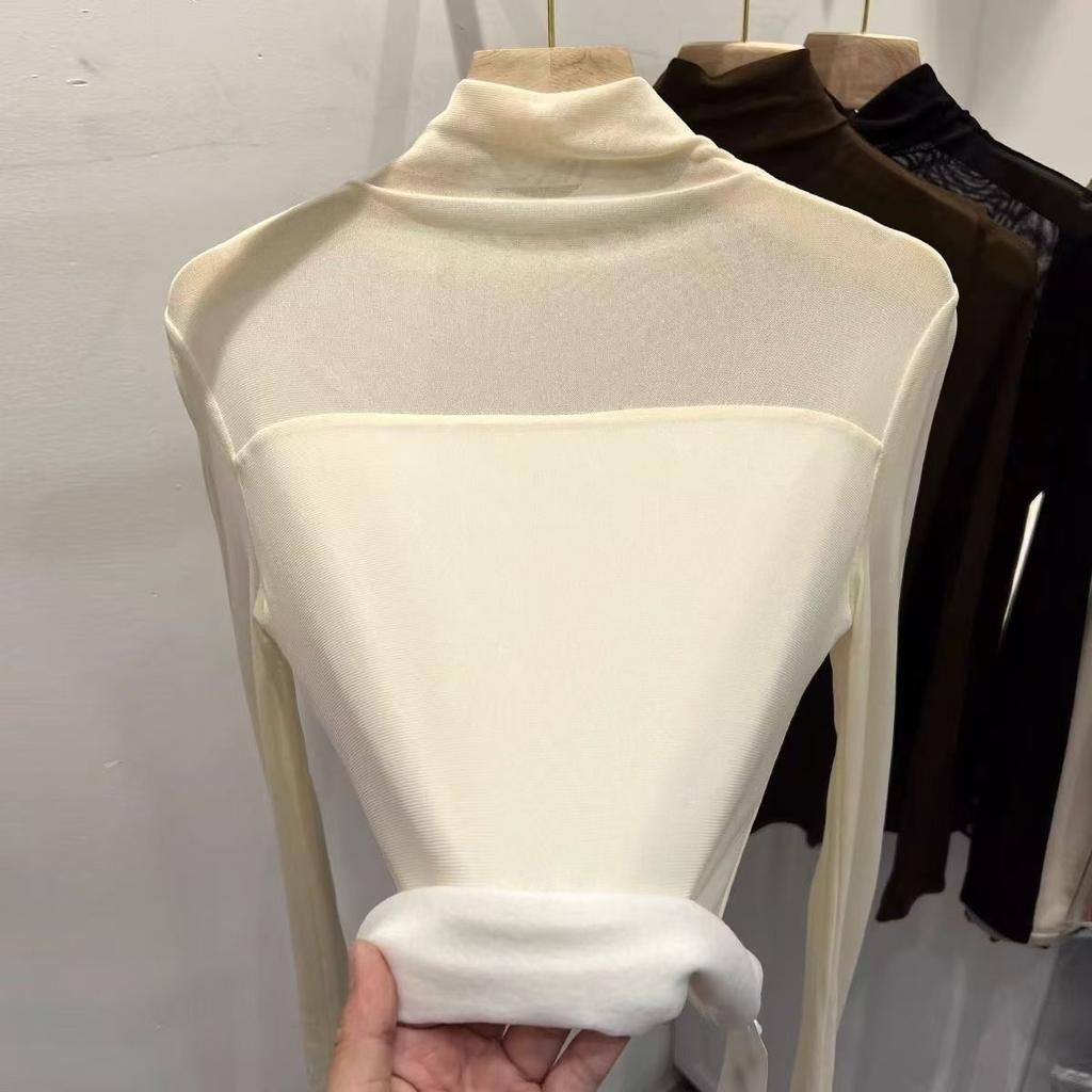 Half High Neck Autumn and Winter Plus Velvet Mesh Top Women's Long Sleeved Lace Inner Bottom Shirt Slim Fit T-shirt