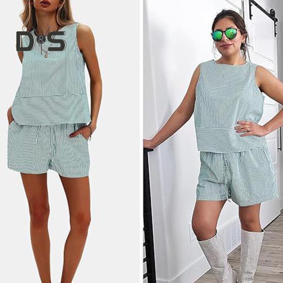 Женские летние комплекты из 2 предметов: майка без рукавов, шорты, повседневные полосатые спортивные костюмы, комплект для отпуска на пляже