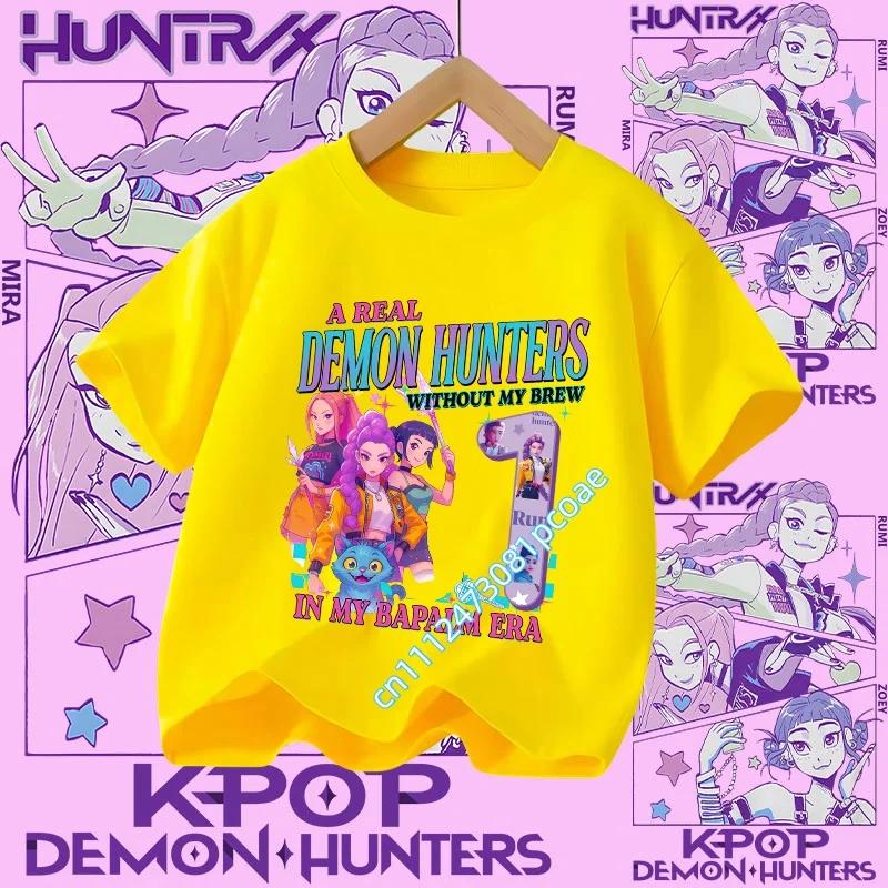 Новая детская футболка K Pop Demon Huntersd с принтом мультяшных персонажей и цифрой на день рождения, топы с коротким рукавом для девочек, одежда для детей