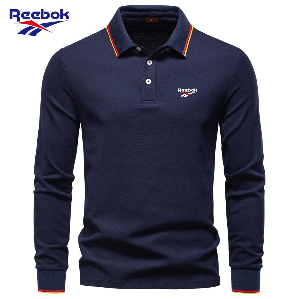 Reebok Новая мужская рубашка-поло с длинным рукавом и вышивкой, Осень 2026, Однотонный мужской топ с воротником, Универсальная рубашка-поло для мужчин