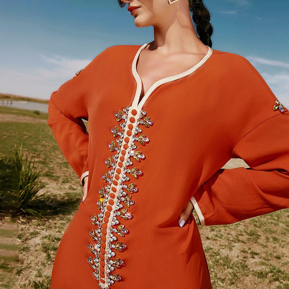 Women's Clothing Orange Handmade Rhinestone Webbing Dubai Loose Muslim Dress