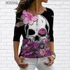 Длинные рукава Черепа и цветочный 3D принт Женские уличные хип-хоп футболки весна осень свободные повседневные топы с круглым вырезом большого размера