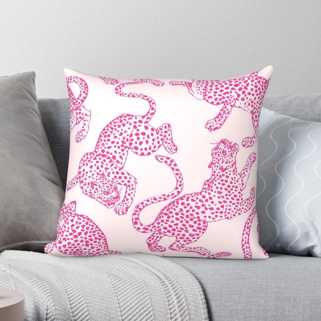 Preppy Pink Cheetah Square Pillowcase Polyester Linen Velvet Pattern Zip Decorative Home Cushion Cover