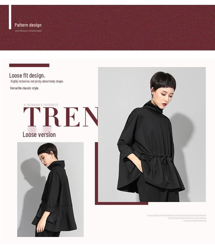 Трендовый женский топ в европейском и американском стиле, темный, с длинными рукавами и кулиской на талии - весна/осень