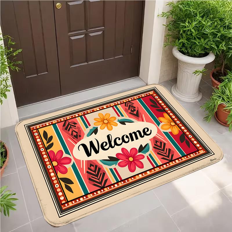 Bohemian Striped Welcome Doormat Ethnic Floral Pattern with Vintage Frame Non Slip Floor Mat for Colorful Entryway