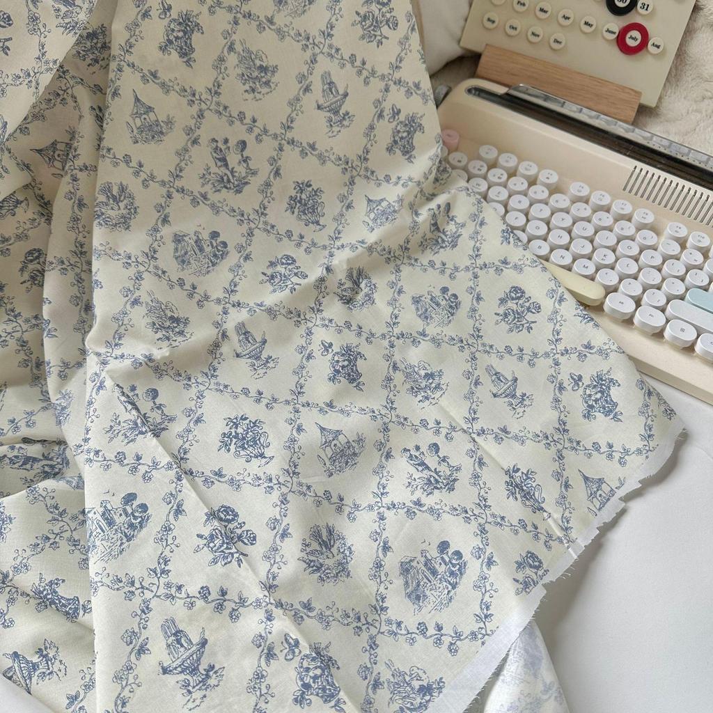 100% Cotton Digital Print Fabric: Retro Blue & White Floral Design for Children's & Women's Dresses and Handbags