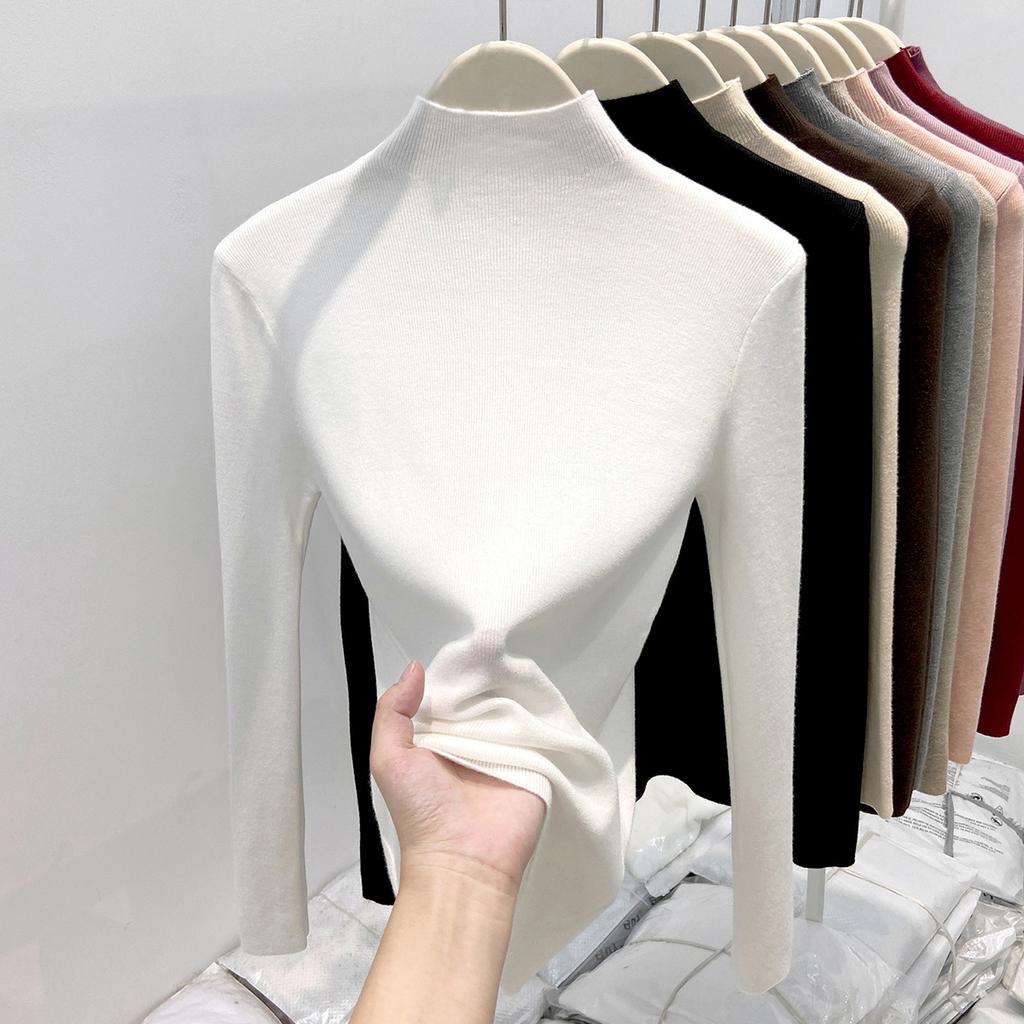 Женский вязаный свитер с полувысоким воротником, белый с красным ангорой, осенне-зимний, приталенный и тонкий топ, базовая внутренняя футболка.