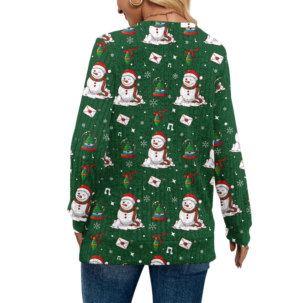 Women's Fashionable Loose-Fit V-Neck Long-Sleeved T-Shirt Christmas Print Pullover