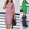 Women Formal Dress Pleated V Neck Solid Color Short Sleeves Sheath Slim Fit Tight Waist Commute Business Summer Midi Dress