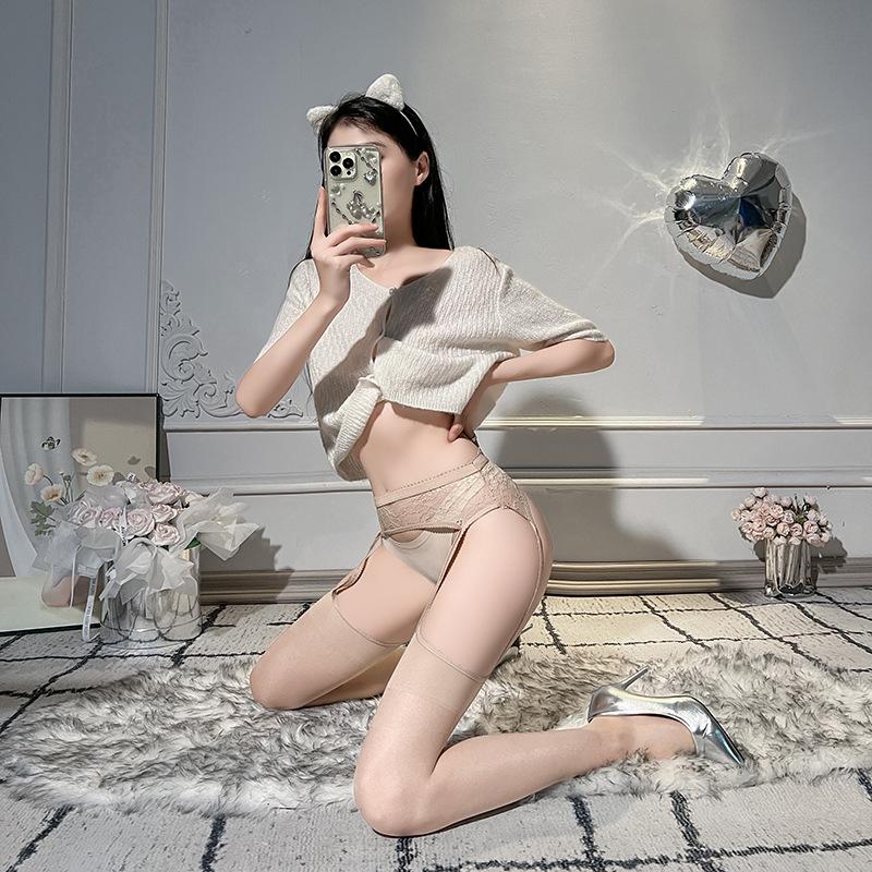 Sex stockings lace integrated suspender socks sexy long tube open-gear one-piece socks four-sided open crotch garter stockings stockings A