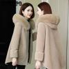 Winter Clothing Grain Velvet Thickening and Cotton Imitation Sheep Shearing Hooded Large Fur Collar Waist Imitation Fur Coat Mid-length Coat Women