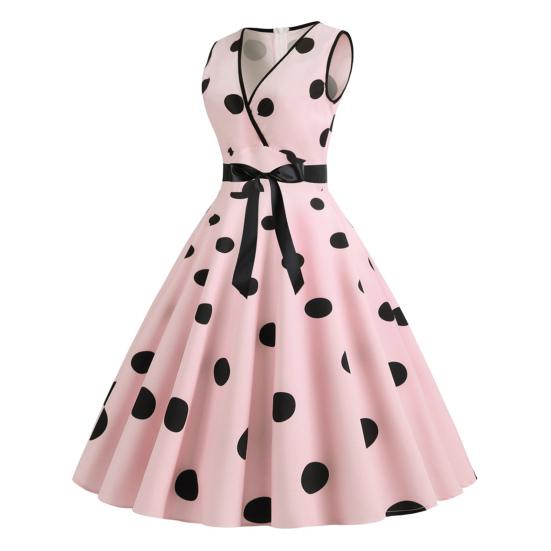 Женское вечернее платье, винтажное контрастное цветное платье в горошек с бантом на талии, трапециевидной формы с большими качелями, тонкое платье без рукавов с открытой спиной и V-образным вырезом, платье миди в стиле принцессы