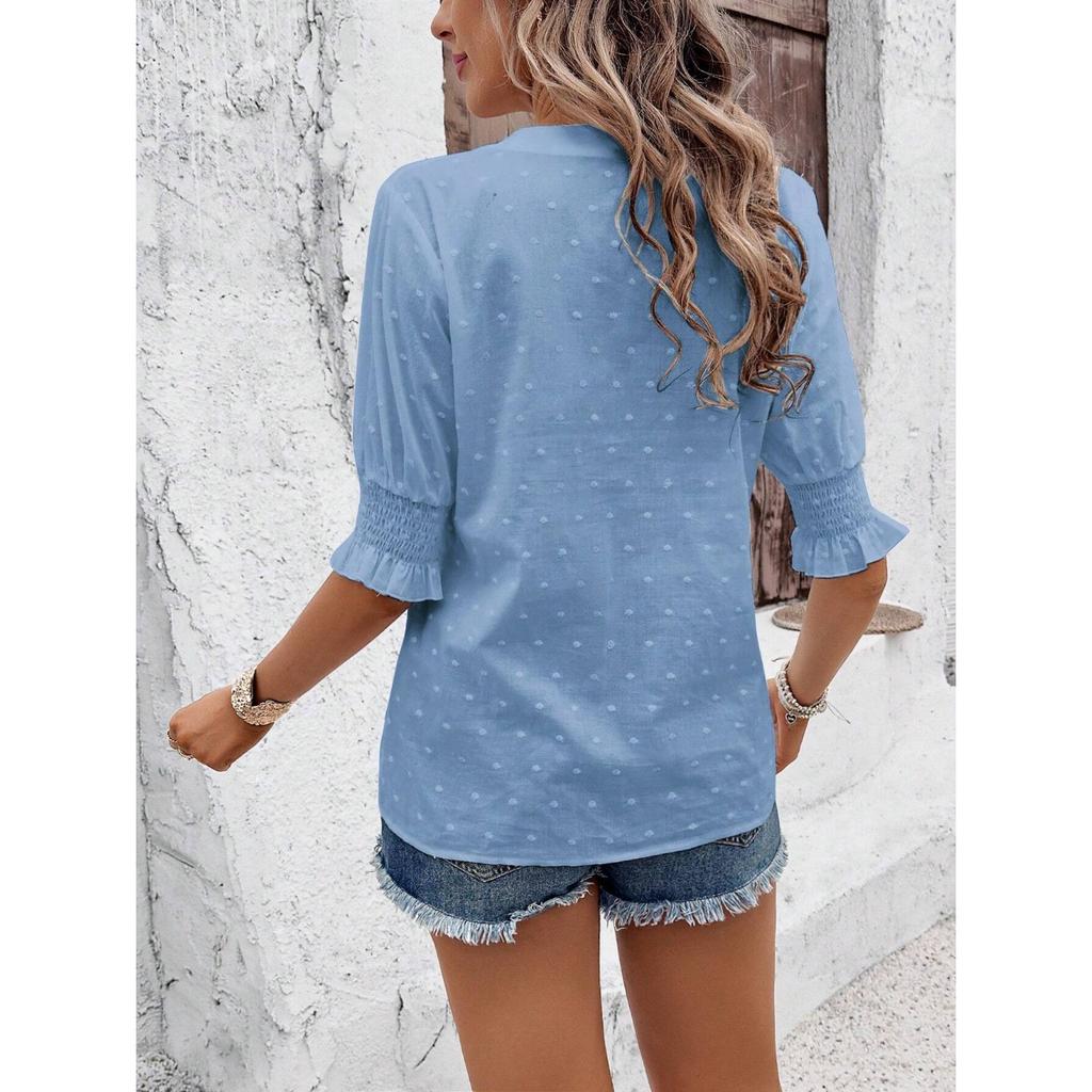 GMXIA Spring Summer V-neck Bubble Sleeve Hollow Sleeve Hairball Lace T-shirt Top Woman