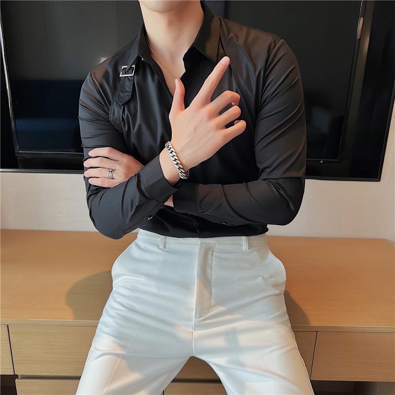 Men's Spring and Fall Casual Business Shirt Back Strap Design Long Sleeve Stand-up Collar Shirt