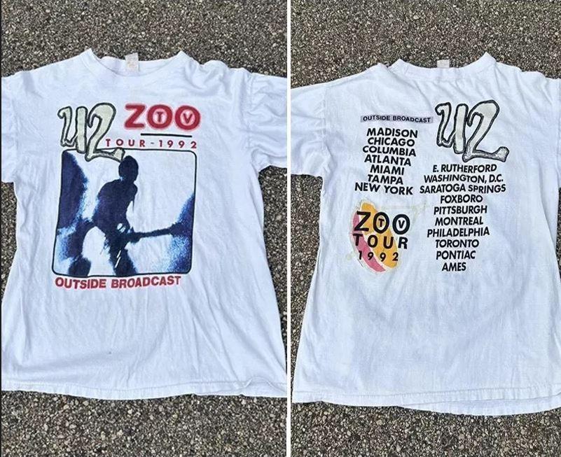 1992 U2 ZOO TOUR группа 2 стороны Перепечатка Футболка белая футболка Vtg1