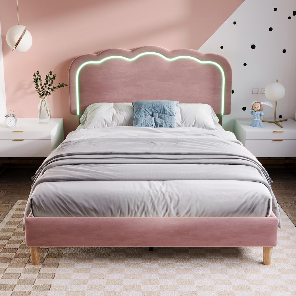 Upholstered Bed LED Double Bed 140 x 200cm, Bed Frame with Slatted Base and Adjustable Headboard, in Pink, Youth Bed for Bedroom Guest Room-Velvet