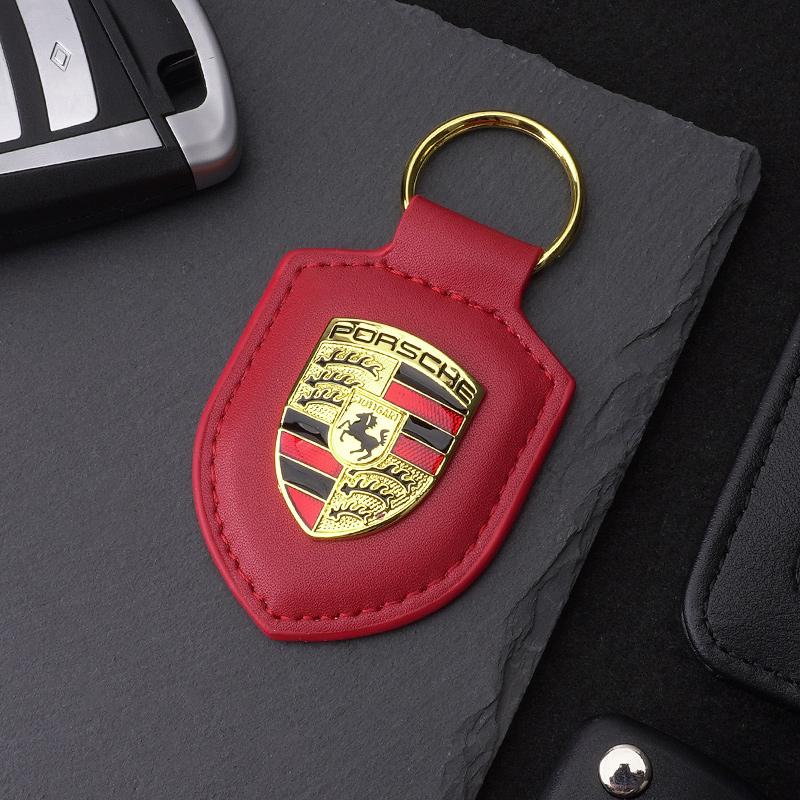 High Quality PU Leather Car Keychain Shield Alloy Keyring Pendant Gift For Porsche Cayenne Panamera Macan Boxster Cayman Sticker CY5