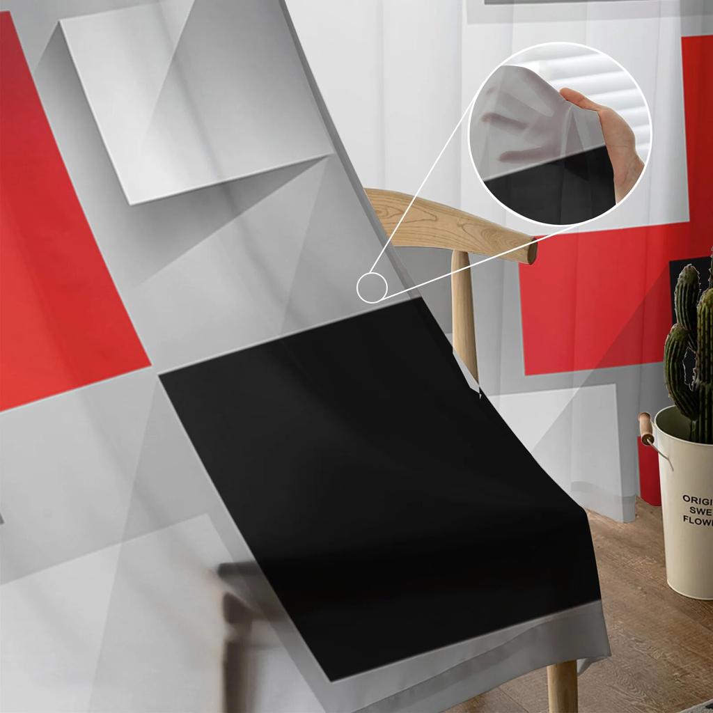 Geometric Figures Red Black Grey Abstract Bedroom Transparent Sheer Curtains Holiday Decoration Window Voile Tulle Curtain