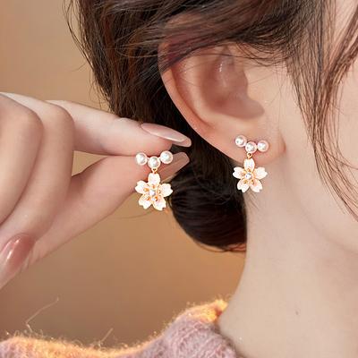 Серьги-подвески с жемчугом и масляными цветами, свежие и милые, простые серьги, нишевые универсальные серьги для женщин