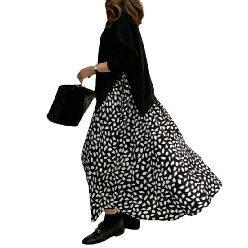 Платье макси с длинными рукавами и принтом в складку 2023 года с имитацией двух частей